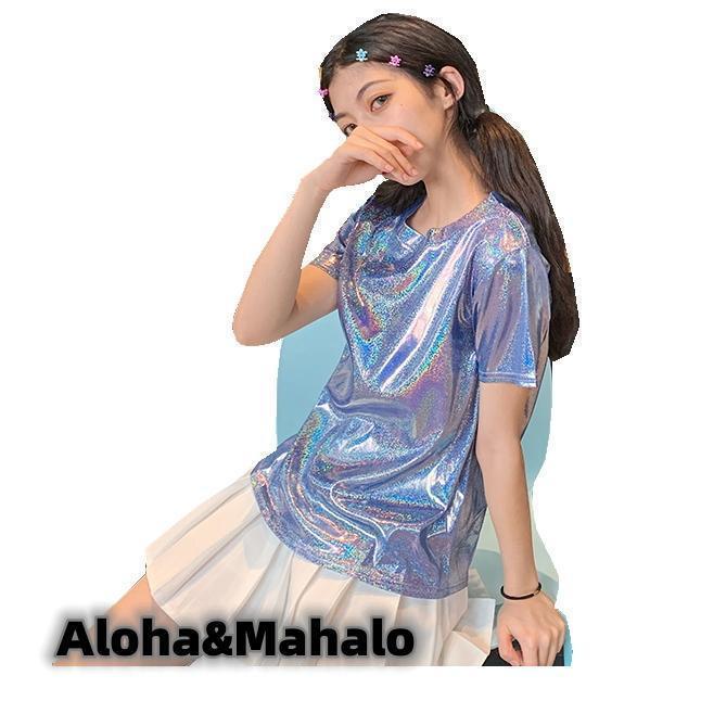 ラメTシャツ ヒップホップ ラメ きらきら トップス 半袖 ダンス 衣装 スパンコール 派手かわ ラミネート カットソー レディース イベント 夏 cy26n-1