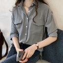 シフォンブラウス 夏七分袖 涼しい ストライプ柄 ゆったり レディース Vネック ブラウス シャツ シフォン とろみブラウス 襟付き 通勤オフィス 着痩せ トッ...