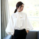 シャツブラウス 韓国風 トップス レディース 長袖 パフスリーブ ボリューム袖 リボンタイ付き サテンシャツ おしゃれ春秋 シャツ きれいめ 通勤 オフィス