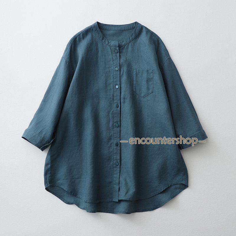 ブラウス シャツ レディース 七分袖 ノーカラー バンドカラー 綿 コットン トップス まぁるいカーブのアトリエブラウス 秋服 ゆったり 体型カバー 敬老の日