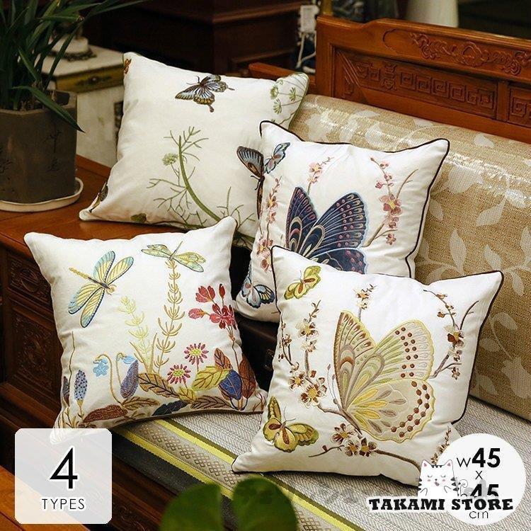 クッションカバー カバーのみ 北欧 45×45cm おしゃれ 蝶 花 刺繍 ナチュラル ホワイト華やか空間 上品 ..