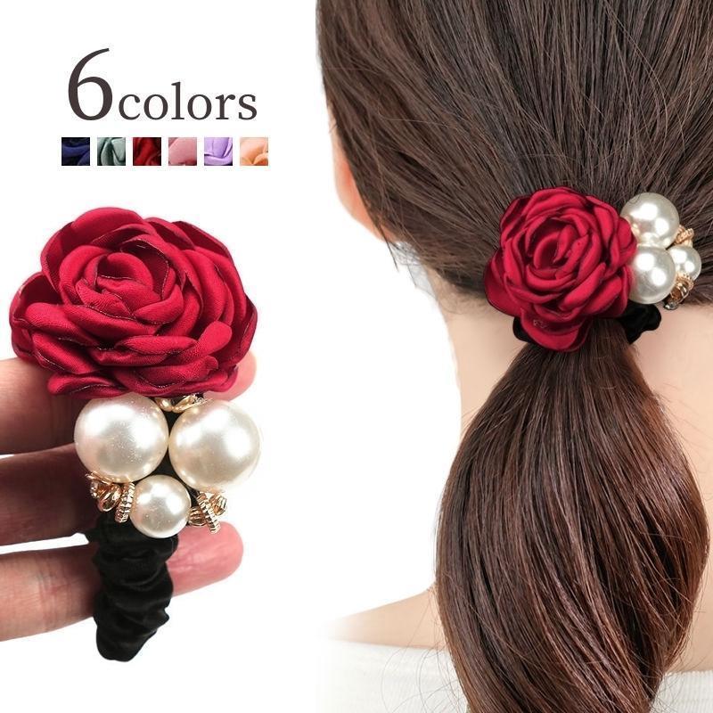 ヘアゴム 髪ゴム ヘアアクセサリー レディース 女性 髪飾り 髪留め フェイクパール バラ ローズ 花 コ..