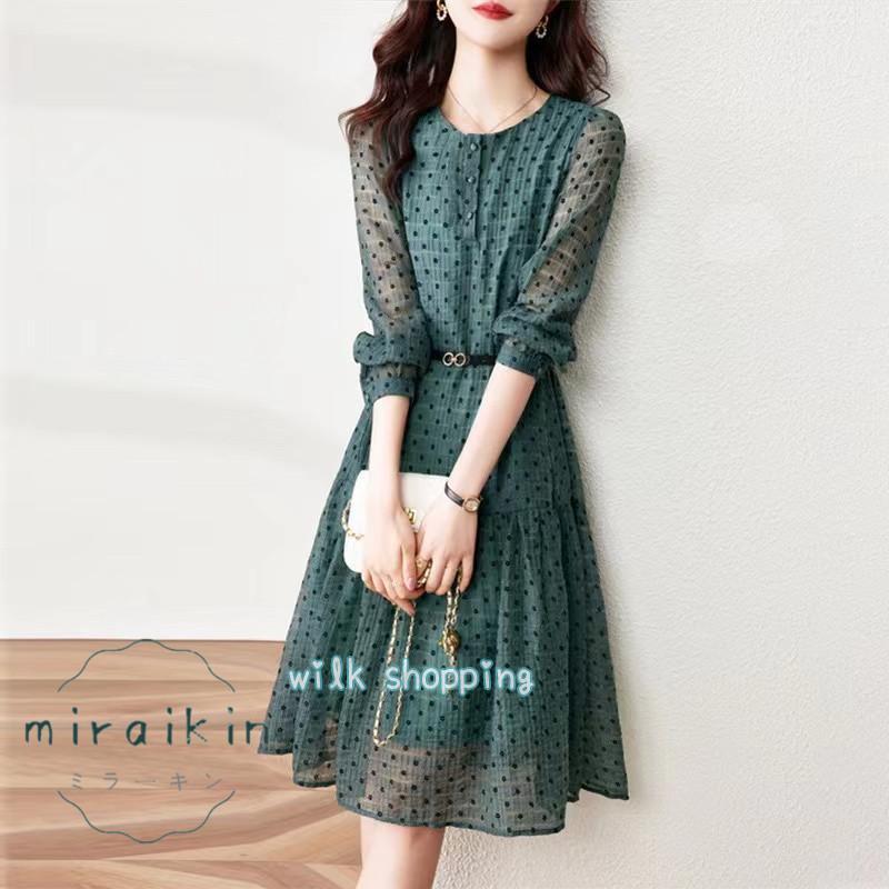 パーティードレス ドレス 結婚式 ワンピース 膝丈ドレス 膝丈 7分袖 シースルー袖 フォーマル 2次会 同窓会 謝恩会 成人式 袖あり 膝丈 ドット柄