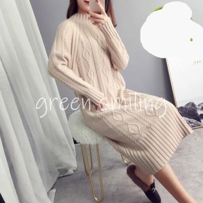 ニットワンピース レディース セーター プルオーバー ロング丈 膝下 長袖 モックネック ケーブル編み ..