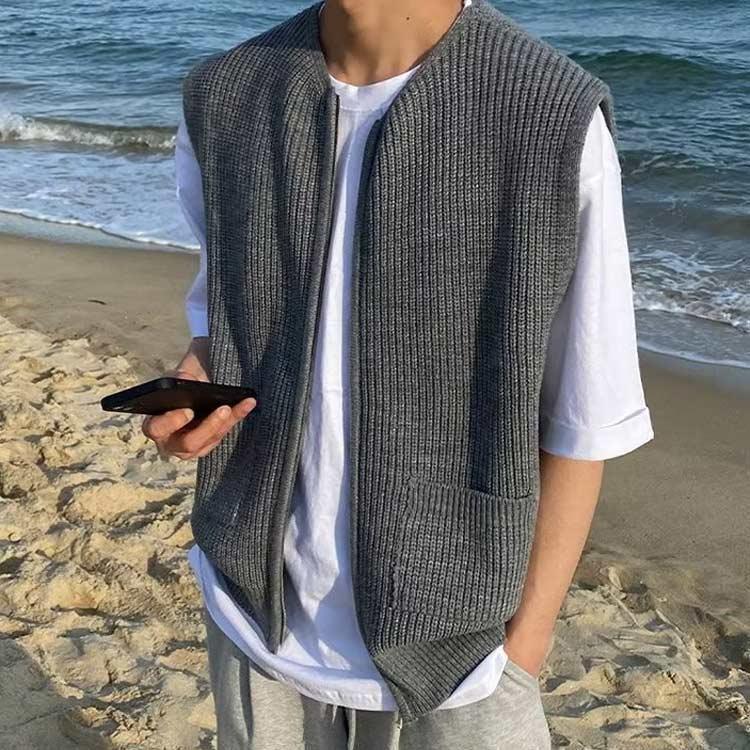 ニットベスト メンズ ジップ ニット ベスト ノーカラー 前開き ジップニット 羽織り アウター ゆったり 春 秋 冬 ニット トップス レイヤード