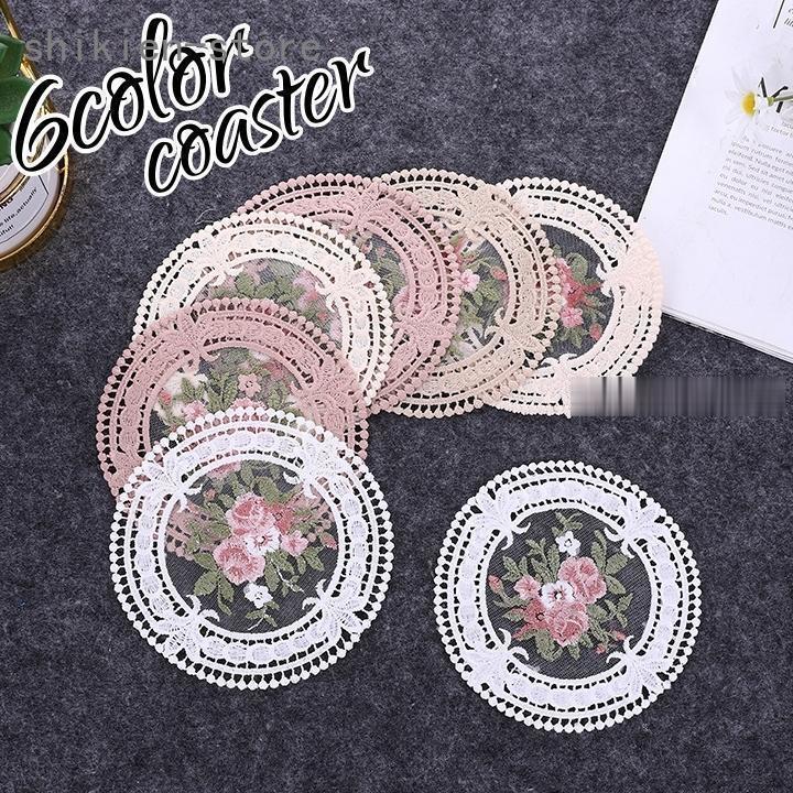 コースター コップ敷 サークル 円形 丸 花柄 刺繍 ディスプレイ 撮影小物 カントリー風 レトロ風 上品 ..