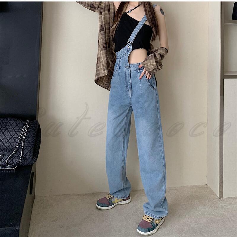 デニムサロペット レディース 斜め掛け オーバーオール オールインワン ワイドパンツ 長ズボン ガウチョ 可愛い 春 夏 秋 冬 カジュアル きれいめ