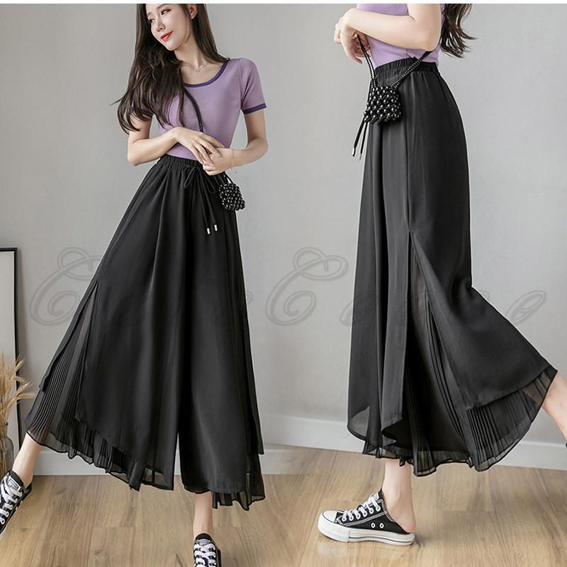 ガウチョパンツ ワイドパンツ レディース シフォン スカンツ スカーチョ 無地 九分丈 ボトムス 長ズボン 春夏秋 プリーツ 不規則裾 きれいめ おしゃれ