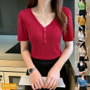 レディーストップス Tシャツ 無地 カットソー Vネック 半袖 ボタン シンプル スリム きれいめ カジュアル 大人可愛いフェミニ