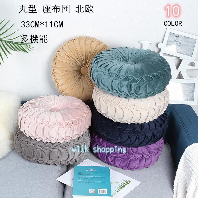 クッション ラウンドクッション フロアクッション 丸型 座布団 円形 かわいい プリーツ ベルベット ベ..
