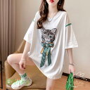Tシャツ レディース 刺繍 刺しゅう ラインストーン 猫柄 リボン ボウタイ カジュアル ゆったり カワイイ