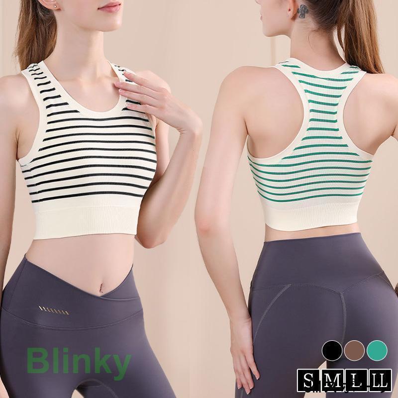 ヨガウェア トップス ブラトップ レディース ノースリーブ 白 黒 ボーダー Uネック パッド一体型