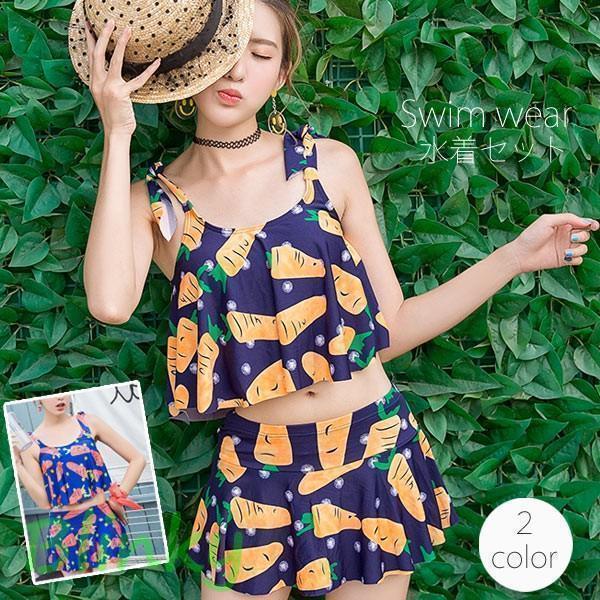 水着 体型カバー レディース フリルビキニ 柄 2点セット キャミ フレアトップ 新作