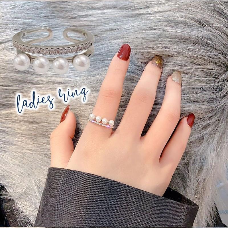 指輪 リング オープンリング アクセサリー 重ね付け風 フェイクパール ラインストーン レディース 女性 おしゃれ かわいい 清楚 シルバー