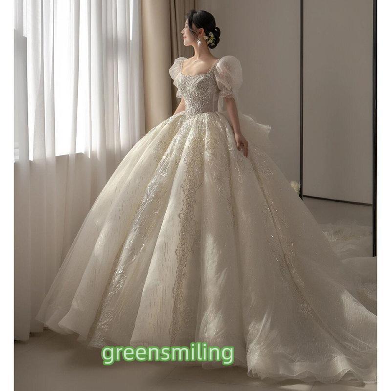 ウェディングドレス ウエディングドレス パフスリーブ 二次会 結婚式 前撮り ブライダル ロングドレス ..