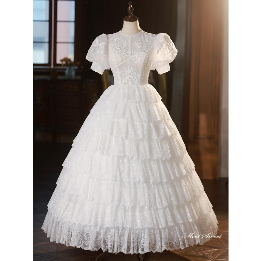 ウェディングドレス ロングドレス レース プリンセスドレス Aラインドレス 半袖 パフスリーブ 二次会 ..