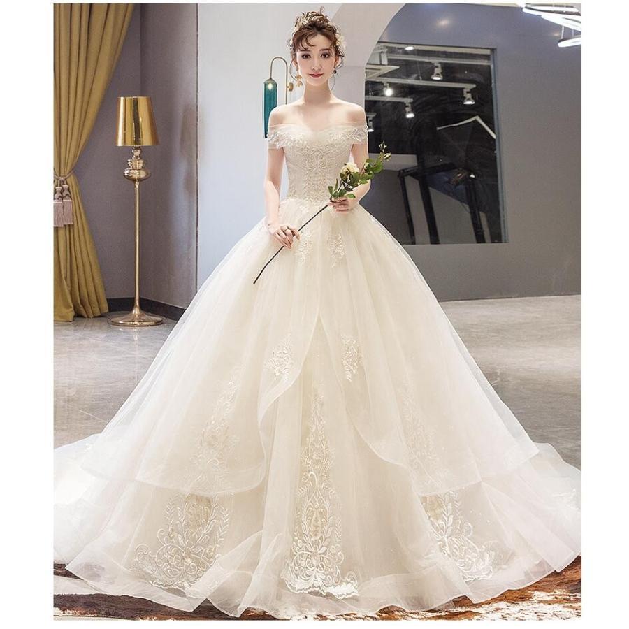 オフショルダー トレーンドレス パーティードレス ウエディングドレス ロングドレス ステージ衣装 二次会 演奏会 発表会 成人式 結婚式ドレス 披露宴 謝恩会