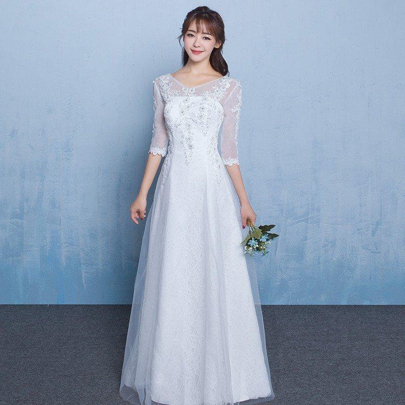 ウエディングドレス ウェディングドレス aライン 白 安い 袖あり 上品 花嫁 結婚式 パーティードレス ..