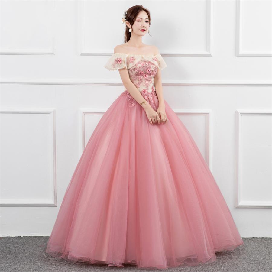 カラードレス ロングドレス 演奏会 フラワー プリンセスライン ステージ 舞台衣装 発表会 コンサート ..