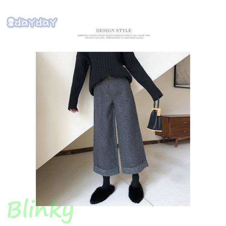 ワイドパンツ レディース 冬 ボトムス パンツ ガウチョパンツ フレアパンツ 九分丈 千鳥格子 厚手 ハイウエスト ゆったり 着痩せ おしゃれ 黒