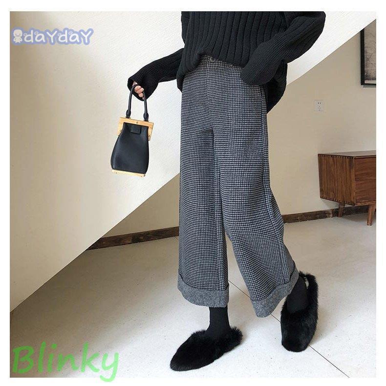 ワイドパンツ レディース 冬 ボトムス パンツ ガウチョパンツ フレアパンツ 九分丈 千鳥格子 厚手 ハイウエスト ゆったり 着痩せ おしゃれ 黒