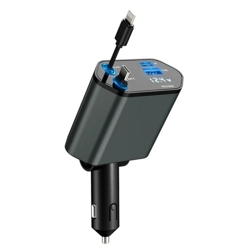 カーチャージャー急速充電 伸縮式ケーブル2本付き Type-C 100W/ 20W 4台同時に充電可能 電圧測定 車 巻取り式USBケーブル カーチャージャー急速充電 伸縮式ケーブル2本付き Type-C 100W/ 20W 4台同時に充電可能 電圧測定 車 巻取り式USBケーブル
