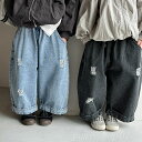 【送料無料】子供の春の新作メンズとレディースのリップドジーンズ、ベビールーズダメージワイドレッグパンツ
