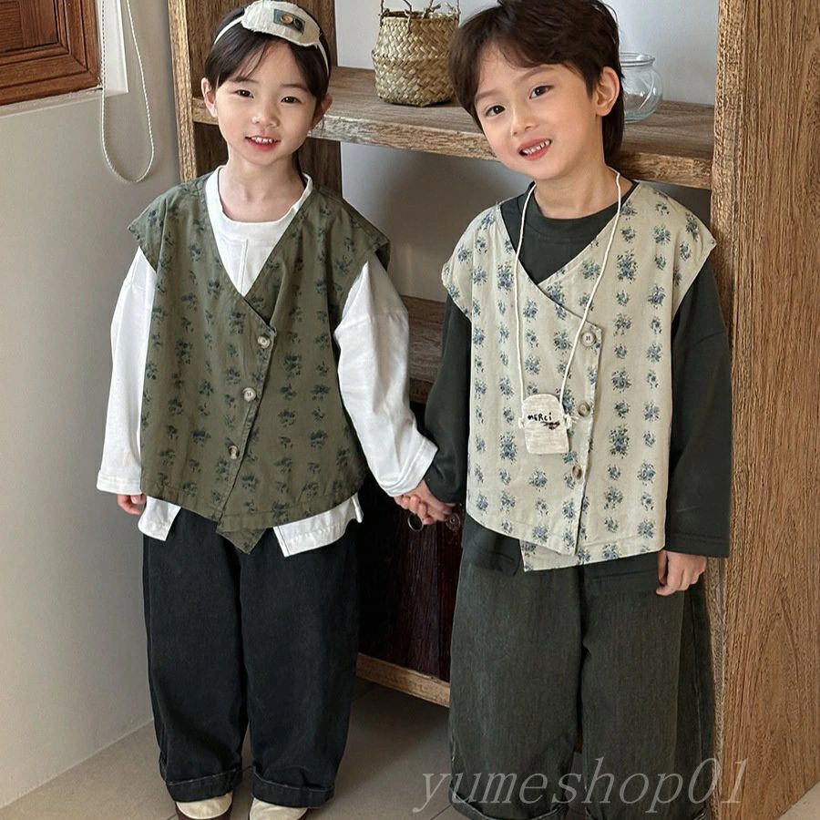 【送料無料】男性と女性のための子供の新しい春の花柄ベスト、男の子と女の子のための森スタイルのレトロなベストジャケット