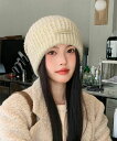 折り返しニットキャップ リブ編み ロゴ付きぼうし あったか 韓国ファッショ小物 ニットキャップ