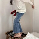 【送料無料】春夏の子供の女の子の7分の弾力性のラッパのズボンのデニムの毛の縁の高弾のレトロな香港の風は古いズボンの潮を洗