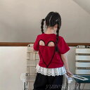 【送料無料】春夏の子供の雰囲気感の背中の愛の透かし彫りの色の正肩のtシャツのゆったりした半袖の上着のファッション