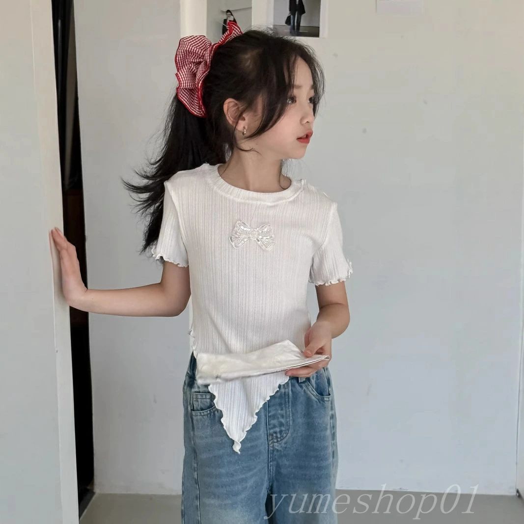 【送料無料】春夏の子供の半袖の不規則な創意的な木の耳元の木目感の上着の弾力性の甘いプルオーバー