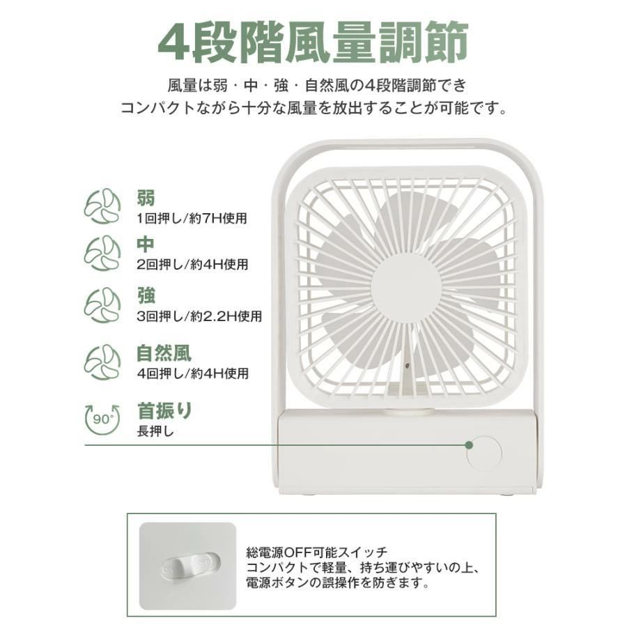 ハンドル付き コンパクト 軽量 USBファン 2000mAh大容量 ミニ扇風機 静音 強力 風量4段階 自動首振り 携帯扇風機 壁掛け扇風機 USB 小型 卓上