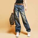 ロ ジーパン デニム ワイドパンツ ボトムス クラッシュデニム ジーンズ レディース デニムパンツ