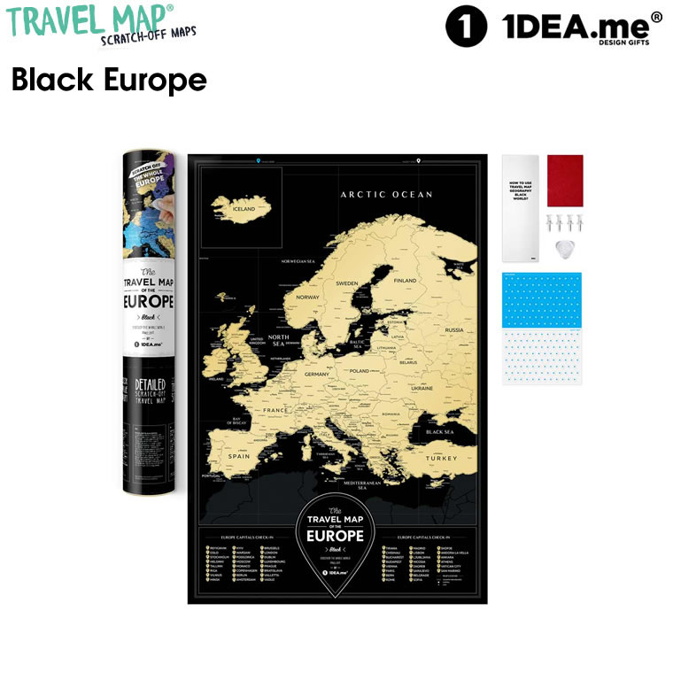 1DEA.me Travel Map Black Europe ヨーロッパ地図 ポスター スクラッチ インテリア 国 マップ アイデアドットミー おしゃれ IDEA102