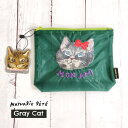 ナタリーレテ 猫 ポーチ グレーキャット 緑 オーガンジー シアー ファスナー付き ねこ顔 刺繍 猫柄 ネコ 小物入れ 透け感 かわいい おしゃれ 猫雑貨 ネコ...