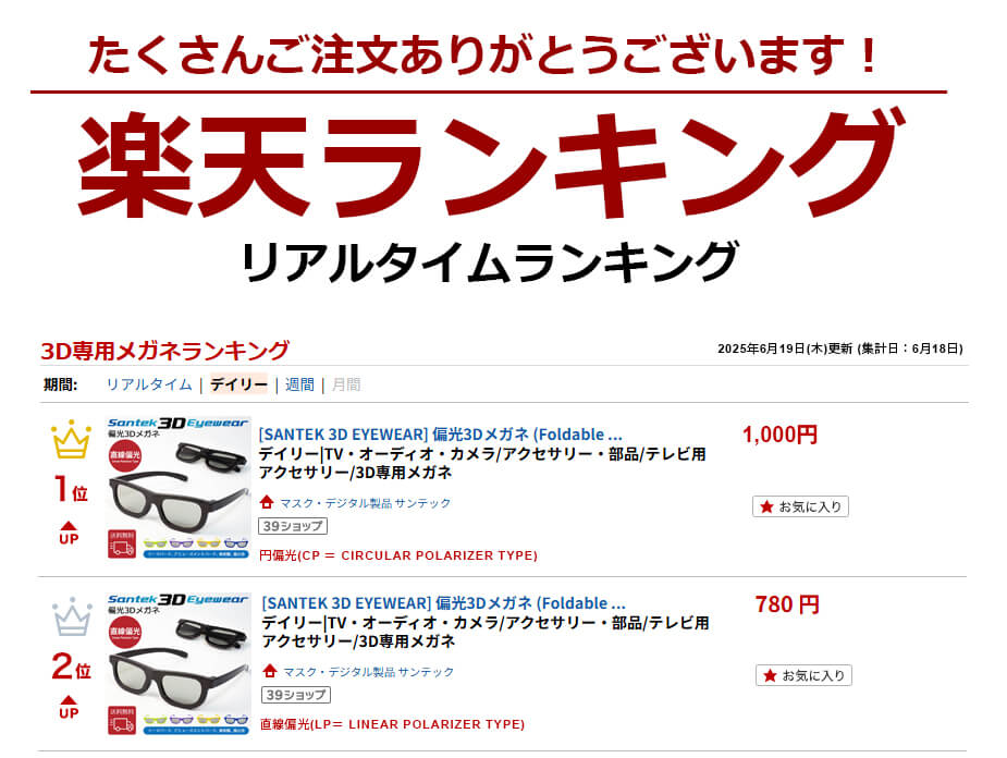 [SANTEK 3D EYEWEAR] 偏光3Dメガネ (Foldable Type) 偏光3Dメガネ 3Dメガネ 3Dテレビ 3D映画　プラスティックフレーム 軽量 レンズ素材樹脂 円偏光(CP ＝ Circular Polarizer Type)