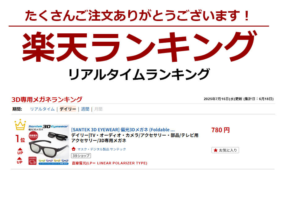 [SANTEK 3D EYEWEAR] 偏光3Dメガネ (Foldable Type) 偏光3Dメガネ 3Dメガネ 3Dテレビ 3D映画　プラスティックフレーム 軽量 レンズ素材樹脂 直線偏光(LP＝ Linear Polarizer Type)