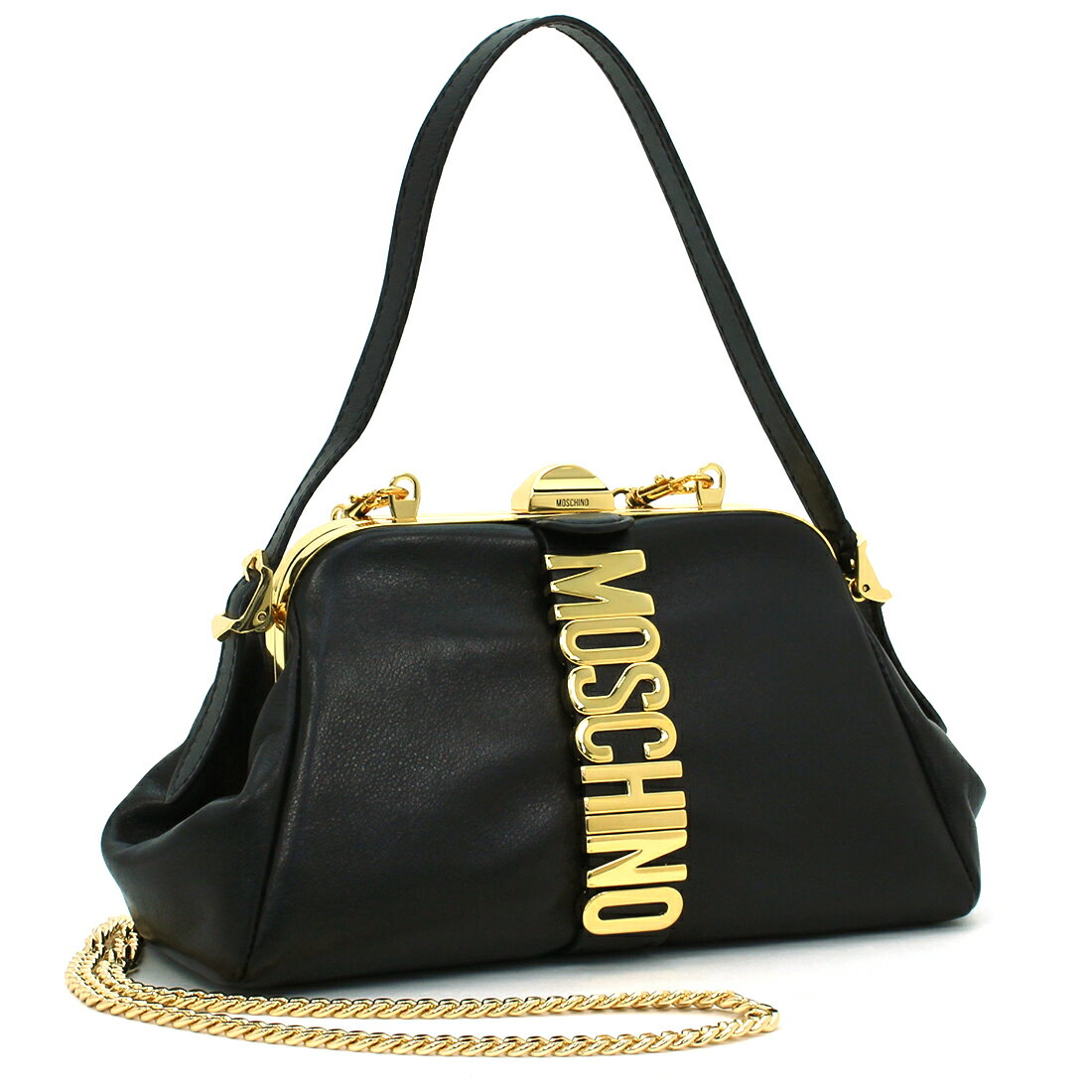 モスキーノ MOSCHINO バッグ ハンドバッグ（ショルダー付） A7520 8008 レザー 本革 ロゴ レディース ブラック がま口 肩掛け 斜め掛け 2WAY エレガント