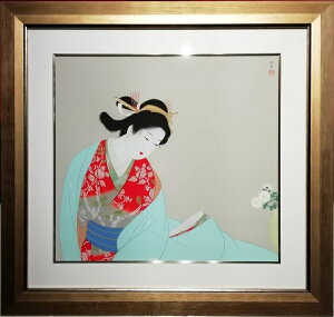 画題:菊寿筆者:上村松園寸法:外形約78.2x74.2cm付属品:額 画歴書 吊りひも版画 日本画家 額入 人物画 着物 京都 文化勲章 帝国芸術院 アート インテリア 床の間
