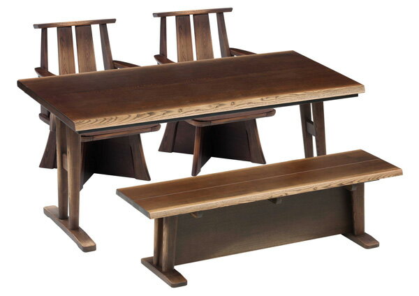 ハイタイプこたつ/ダイニングコタツ こたつ日向（ひゅうが）150 150センチ幅、長方形+肘付回転椅子2脚+ベンチの4点セット ダークブラウン色