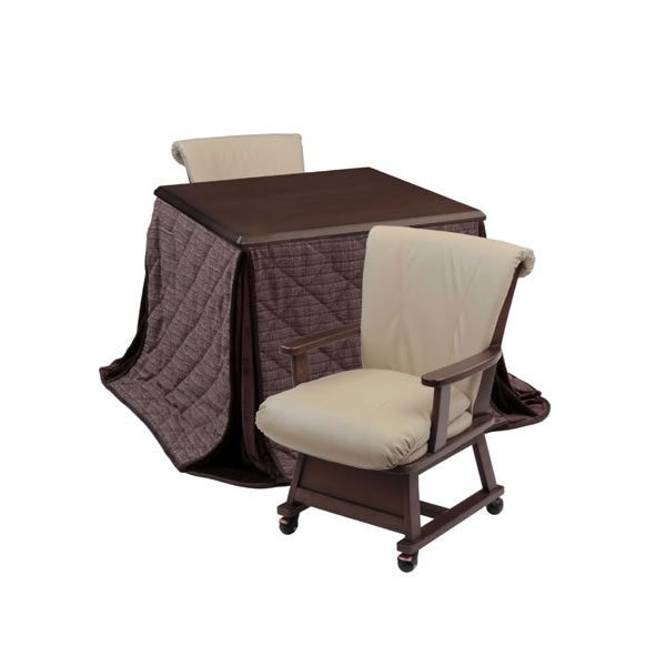 ハイタイプ高脚こたつ ダイニングコタツ　こたつさくら80センチ幅、正方形+肘付椅子2脚+布団の4点セット　ダークブラウン色