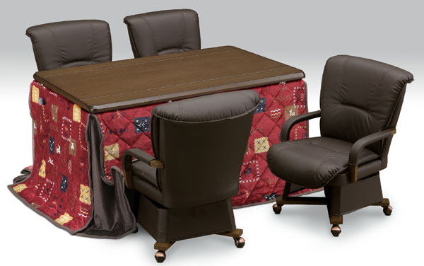 ダイニングコタツテーブルセット ハイタイプ高脚こたつ 135センチ幅 長方形+肘付き回転椅子4脚 ブラウン色+ギャベ柄こたつ布団の6点セット