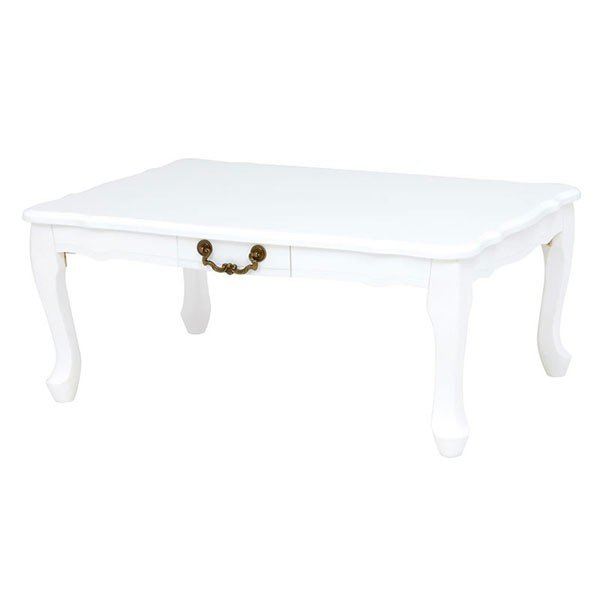 折れ脚座卓 ローテーブル 80巾長方形 引出し付座卓テーブル ホワイト色（白色）