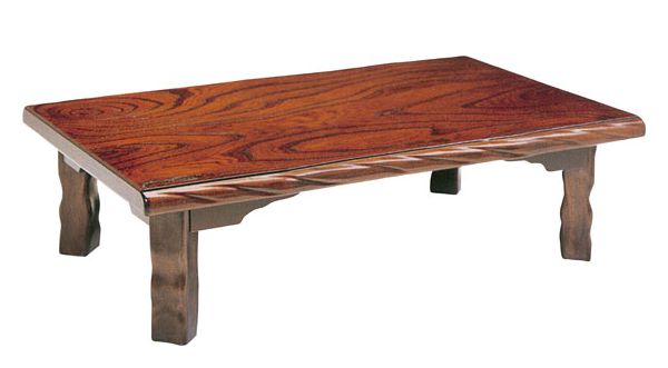和風折れ脚座卓テーブル 120巾長方形　WAKAKUSA（わかくさ）　天然杢欅（けやき）和風デザインの折れ足座卓。天然杢欅（けやき）の木目を生かした天然風面縁天板と、直足の優雅なデザインです。天板は傷の付きにくい硬質ウレタン塗装仕上げ。脚は天然木無垢仕様となっています脚は折りたたみ式ですので使わない時の収納も場所を取らず簡単です。ワンタッチで折り畳み、伸長が簡単に出来ます。このシリーズは105幅、120幅の長方形2サイズがございます。届いてすぐに使えるうれしい完成品。おりたたみ座卓テーブル　リビングテーブル　足折れ式　折畳みローテーブルサイズ：幅120×奥75×高34　天板：天然杢欅（ケヤキ）突き板（硬質ウレタン塗装仕上げ）座卓・座敷机一覧はこちらこのシリーズは90、105、120センチ巾長方形と75角正方形の4サイズございます。 優美なデザインのテーブル面縁拡大です。 シリーズのサイズ違い ◆105センチ巾長方形、折れ足座卓テーブルはこちらです ◆120センチ巾長方形、折れ足座卓テーブルはこちらです 座卓・座敷机一覧はこちら
