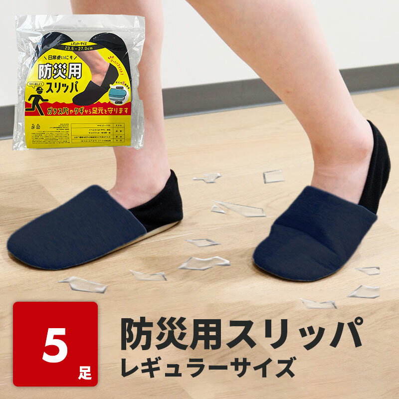 楽天　防災スリッパ レギュラーサイズ 5足 災害対策 防災グッズ 地震対策 震災 地震 室内履き 防災 ルームスリッパ ルームシューズ 防活 保護 業務用 避難 日常使い 普段使い ガラス 破片 釘 安全 軽量 2層構造 メンズ レディース 大人 紺 黒 ネイビー ブラック シンプルのサムネイル