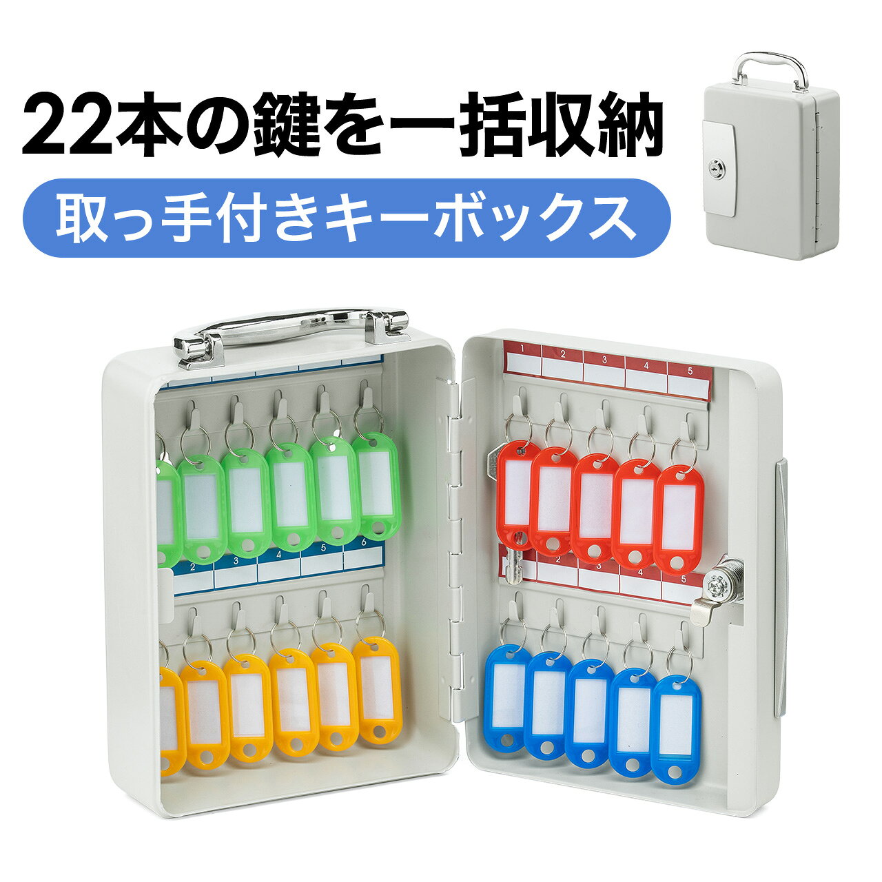 キーボックス 22本収納 取っ手付き 鍵付き扉 壁掛け キーホルダー付き 鍵管理用 鍵保管庫 タグ付き