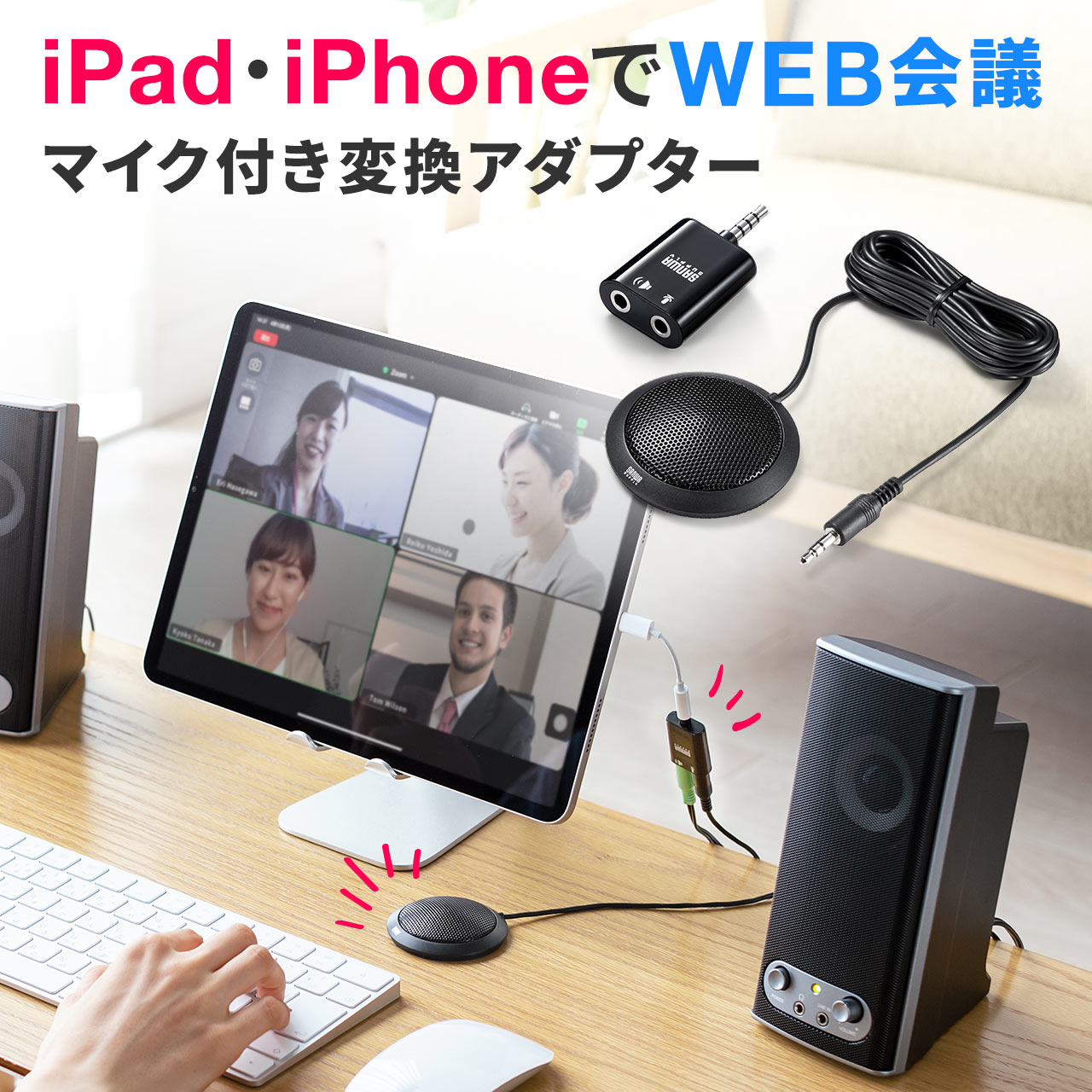 iPhone iPad WEB会議用マイク アダプタ 音声分配 Skype FaceTime Zoom WEB会議マイク