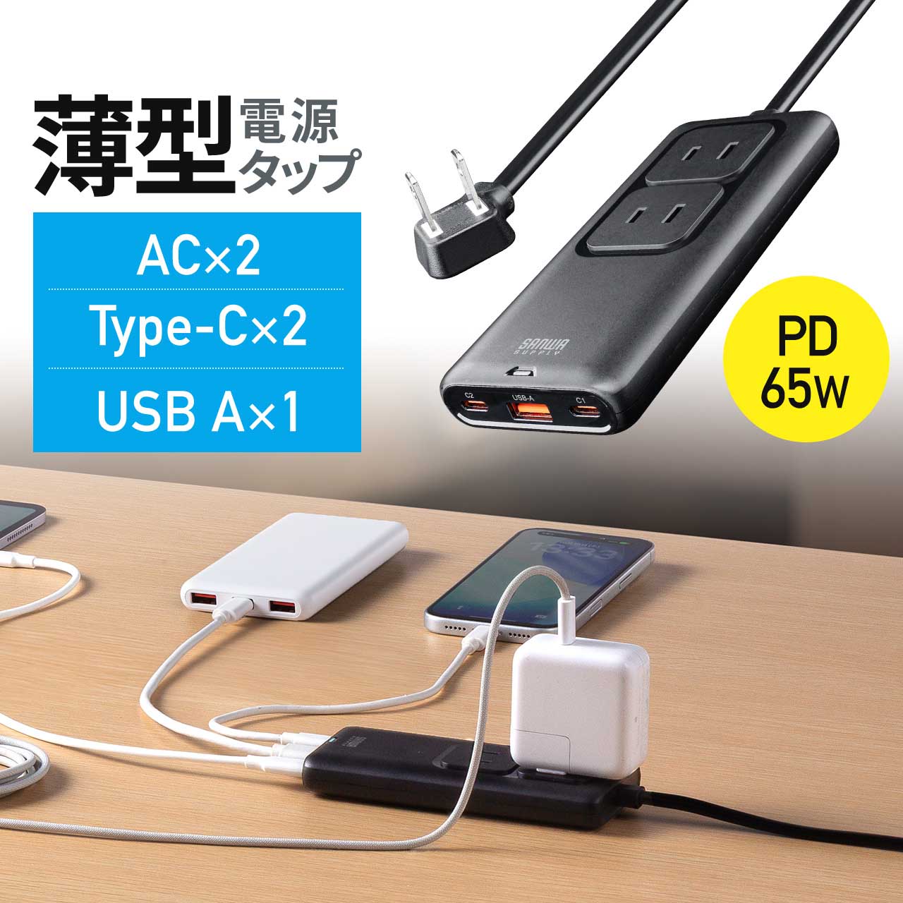 電源タップ USB PD 65W 急速充電 GaN 1.5m 延長コード【超薄型18mm】 Type-C×2 A×1 AC×2個口 コンセント L型プラグ