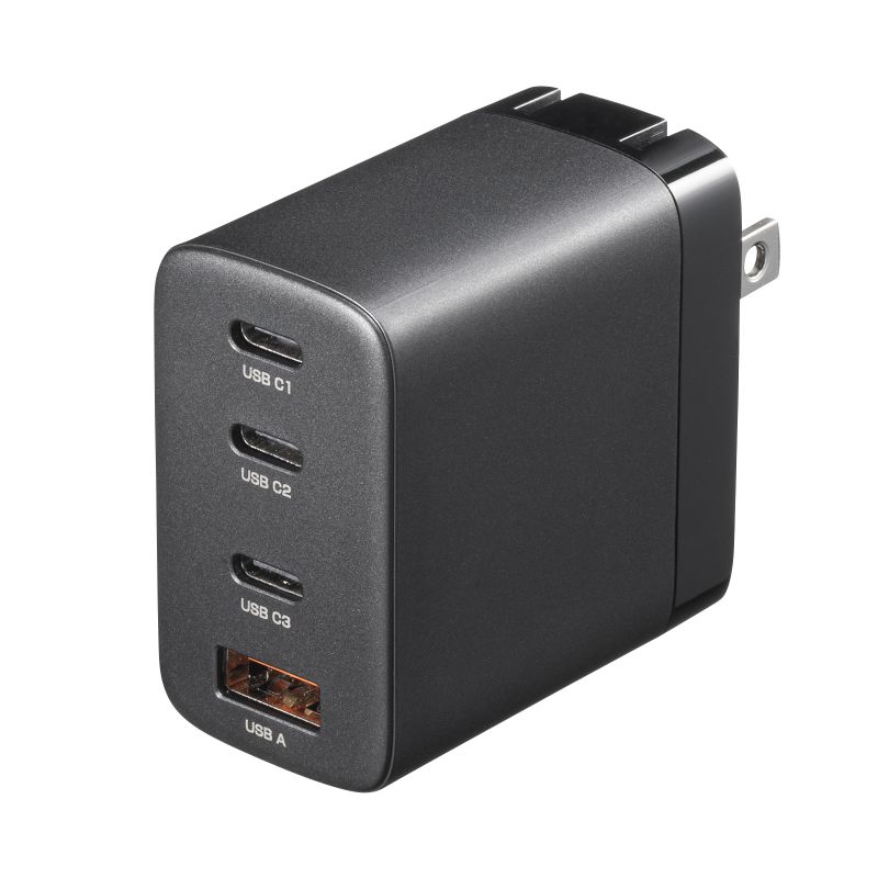 USB-C充電器 PD 充電器 65W 4ポート Type-C×3 USB-A×1 GaN採用 折りたたみ式プラグ 急速充電 ノートパソコン 複数ポート PSE適合商品 ブラック ACA-PD107BK サンワサプライ